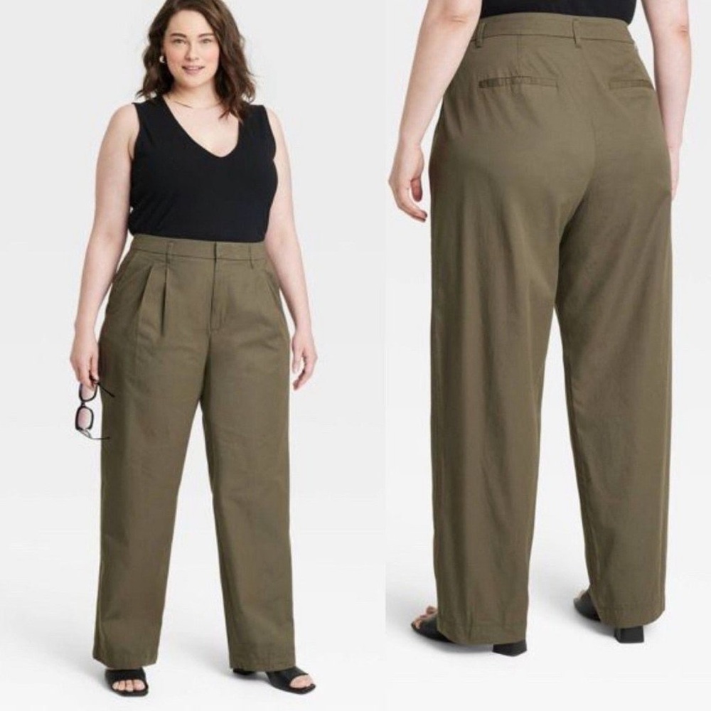 High Waisted Cotton Chino - Olive Green